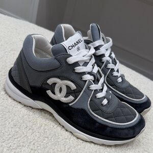 CHANEL Gray, Black & White Quilted Logo Sneakers